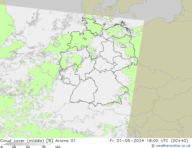 Cloud cover (middle) Arome 01 Fr 31.05.2024 18 UTC