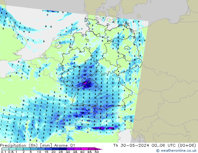 Precipitation (6h) Arome 01 Čt 30.05.2024 06 UTC