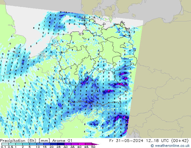 Totale neerslag (6h) Arome 01 vr 31.05.2024 18 UTC