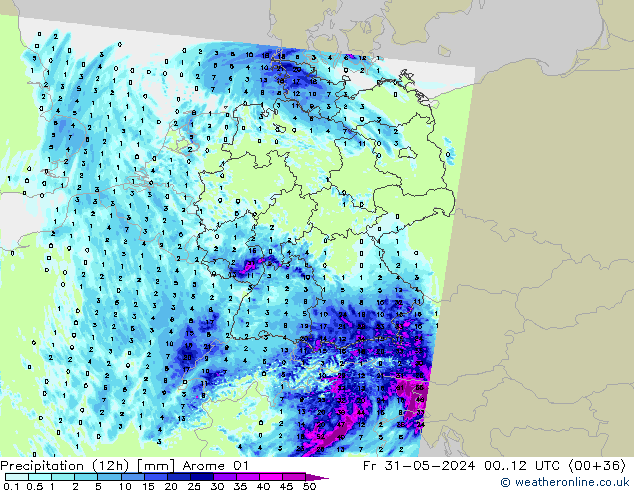 Totale neerslag (12h) Arome 01 vr 31.05.2024 12 UTC