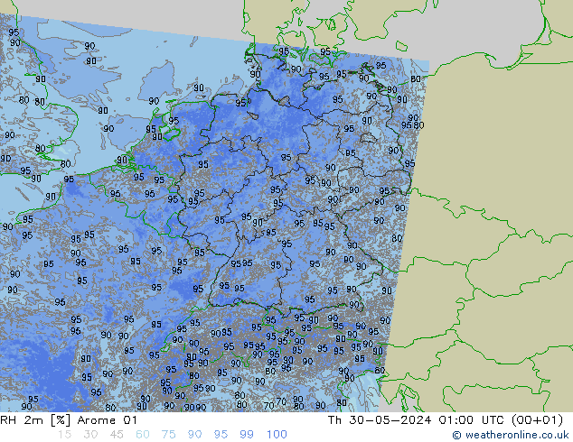 RH 2m Arome 01 Th 30.05.2024 01 UTC