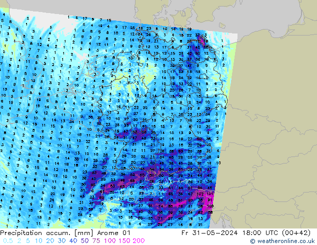 Precipitation accum. Arome 01 Fr 31.05.2024 18 UTC
