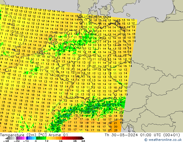Temperaturkarte (2m) Arome 01 Do 30.05.2024 01 UTC