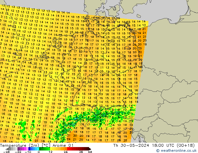 Temperature (2m) Arome 01 Th 30.05.2024 18 UTC