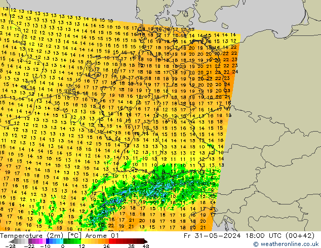 Temperature (2m) Arome 01 Fr 31.05.2024 18 UTC