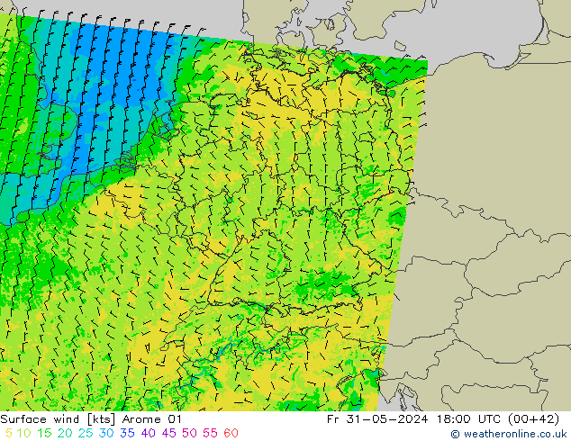 Surface wind Arome 01 Pá 31.05.2024 18 UTC
