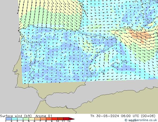 wiatr 10 m (bft) Arome 01 czw. 30.05.2024 06 UTC