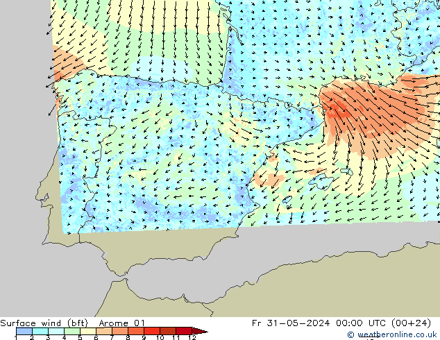 Surface wind (bft) Arome 01 Fr 31.05.2024 00 UTC