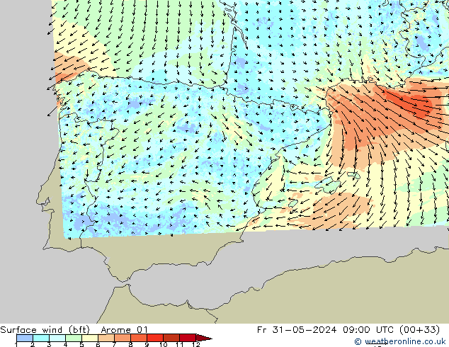 Vento 10 m (bft) Arome 01 Sex 31.05.2024 09 UTC