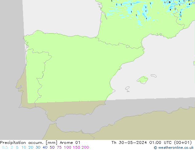 Precipitation accum. Arome 01 czw. 30.05.2024 01 UTC