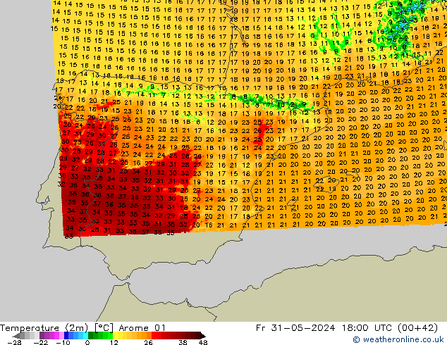 Temperaturkarte (2m) Arome 01 Fr 31.05.2024 18 UTC
