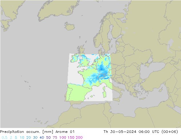 Precipitation accum. Arome 01 Čt 30.05.2024 06 UTC