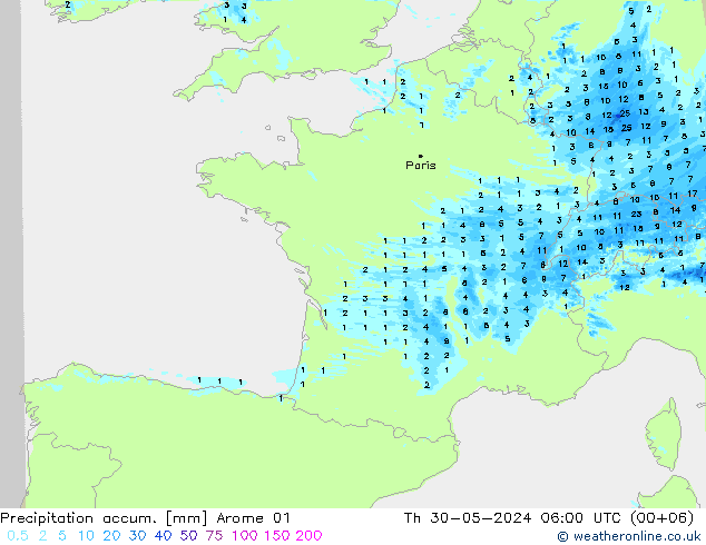 Precipitation accum. Arome 01 Th 30.05.2024 06 UTC