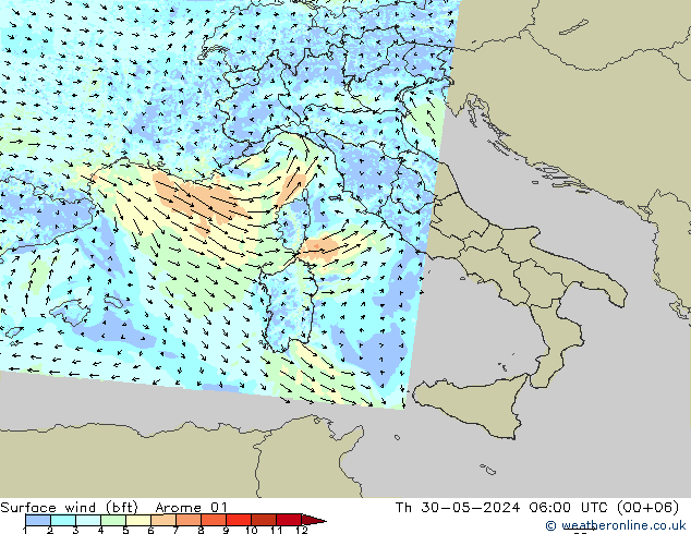 Surface wind (bft) Arome 01 Čt 30.05.2024 06 UTC