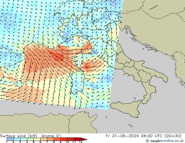  10 m (bft) Arome 01  31.05.2024 06 UTC