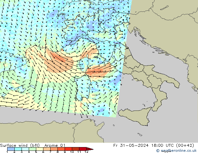 wiatr 10 m (bft) Arome 01 pt. 31.05.2024 18 UTC