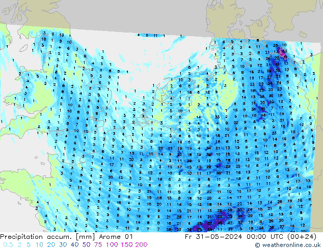 Precipitation accum. Arome 01 pt. 31.05.2024 00 UTC