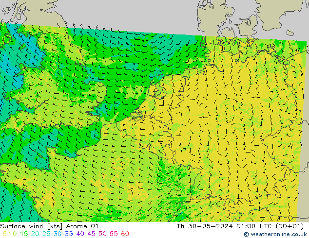 风 10 米 Arome 01 星期四 30.05.2024 01 UTC
