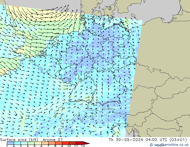 Wind 10 m (bft) Arome 01 do 30.05.2024 04 UTC