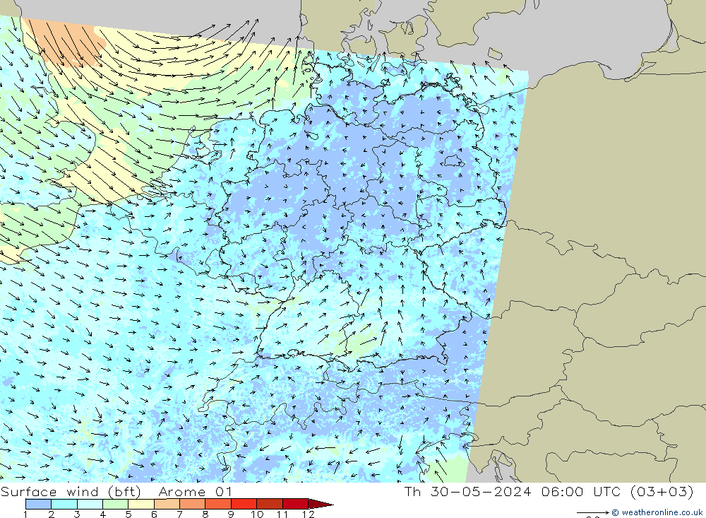Rüzgar 10 m (bft) Arome 01 Per 30.05.2024 06 UTC