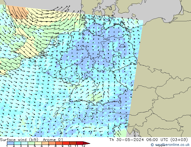 Bodenwind (bft) Arome 01 Do 30.05.2024 06 UTC