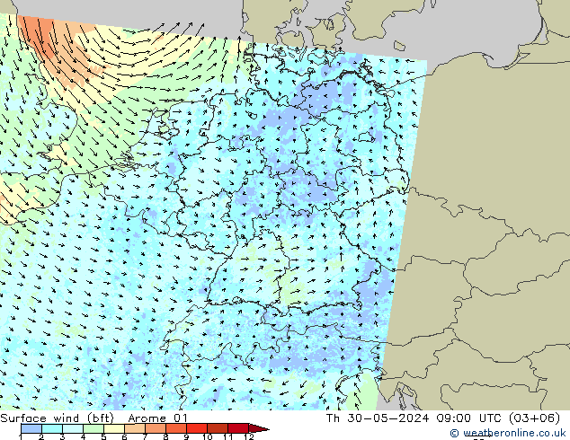 Viento 10 m (bft) Arome 01 jue 30.05.2024 09 UTC