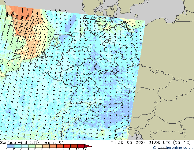 Surface wind (bft) Arome 01 Th 30.05.2024 21 UTC
