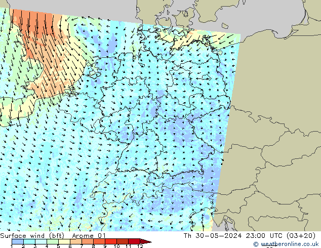 Surface wind (bft) Arome 01 Th 30.05.2024 23 UTC