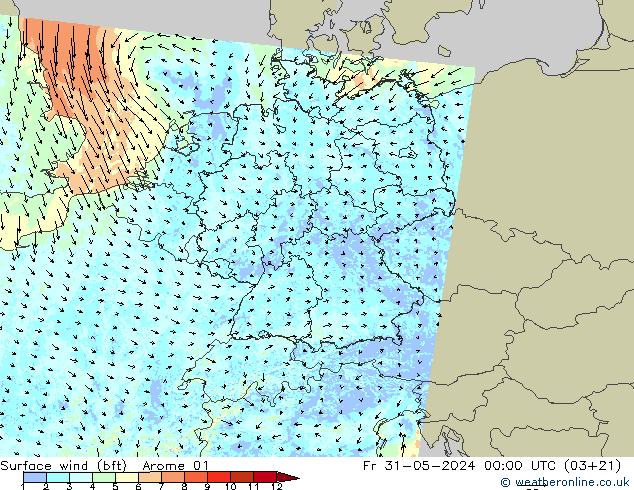 wiatr 10 m (bft) Arome 01 pt. 31.05.2024 00 UTC