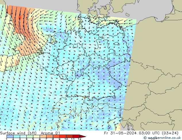 Surface wind (bft) Arome 01 Pá 31.05.2024 03 UTC