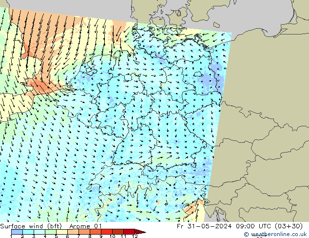 Bodenwind (bft) Arome 01 Fr 31.05.2024 09 UTC