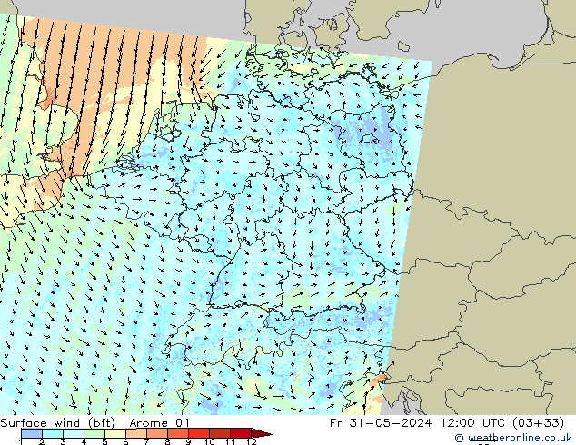 Surface wind (bft) Arome 01 Pá 31.05.2024 12 UTC