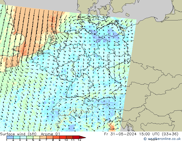Wind 10 m (bft) Arome 01 vr 31.05.2024 15 UTC