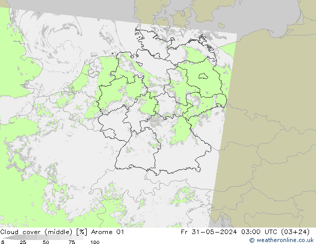 Cloud cover (middle) Arome 01 Fr 31.05.2024 03 UTC