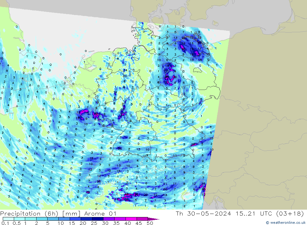 Precipitation (6h) Arome 01 Th 30.05.2024 21 UTC