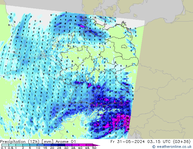 Precipitation (12h) Arome 01 Pá 31.05.2024 15 UTC