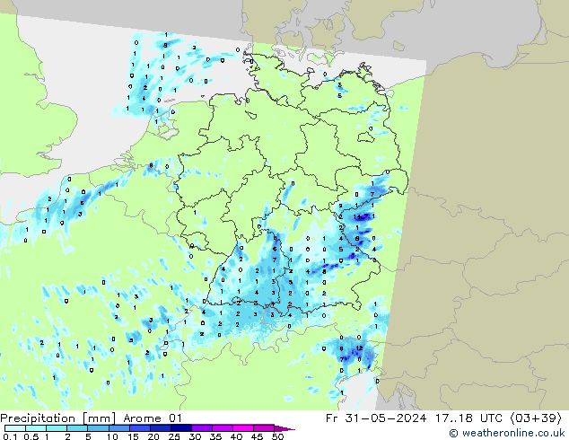 Srážky Arome 01 Pá 31.05.2024 18 UTC