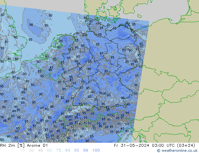 Humedad rel. 2m Arome 01 vie 31.05.2024 03 UTC