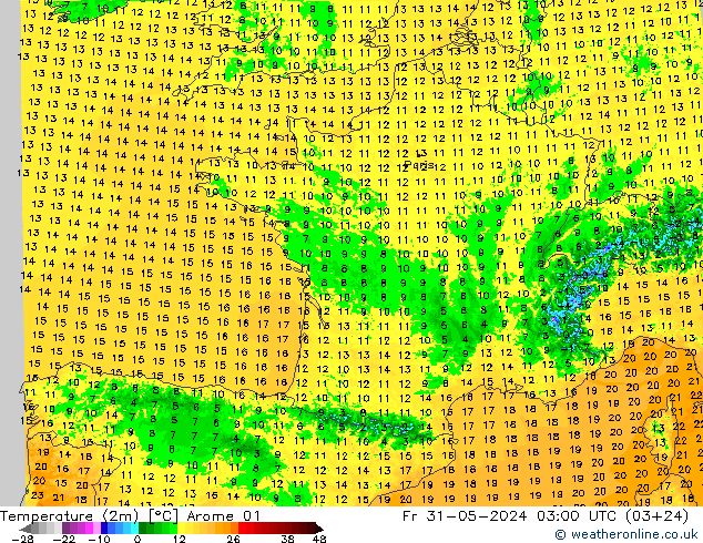 Temperature (2m) Arome 01 Pá 31.05.2024 03 UTC