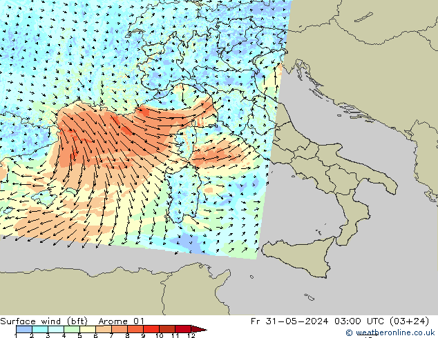 Rüzgar 10 m (bft) Arome 01 Cu 31.05.2024 03 UTC