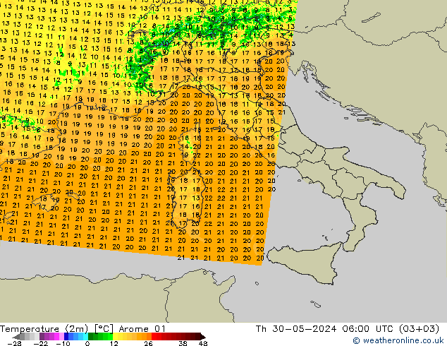 Temperatuurkaart (2m) Arome 01 do 30.05.2024 06 UTC