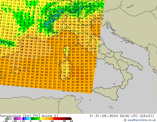 Temperature (2m) Arome 01 Fr 31.05.2024 00 UTC