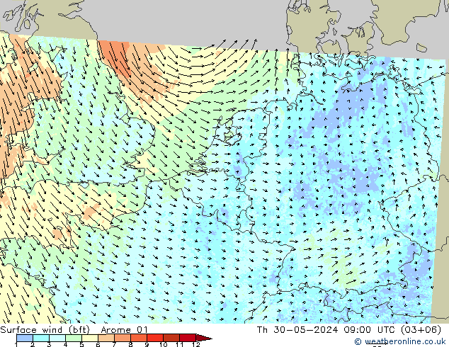 Bodenwind (bft) Arome 01 Do 30.05.2024 09 UTC