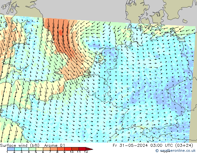 Surface wind (bft) Arome 01 Fr 31.05.2024 03 UTC