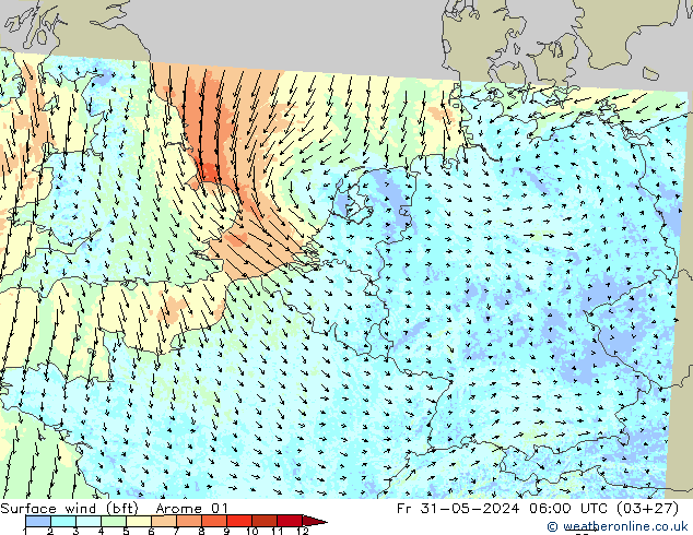 Viento 10 m (bft) Arome 01 vie 31.05.2024 06 UTC