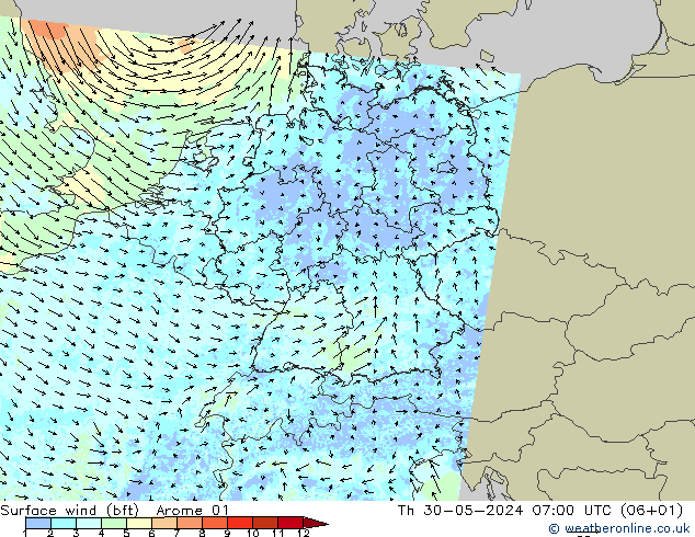 Wind 10 m (bft) Arome 01 do 30.05.2024 07 UTC