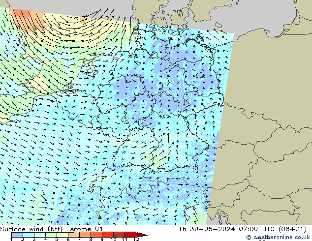 �N 10 米 (bft) Arome 01 星期四 30.05.2024 07 UTC