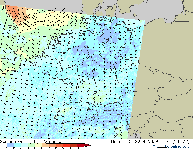Wind 10 m (bft) Arome 01 do 30.05.2024 08 UTC