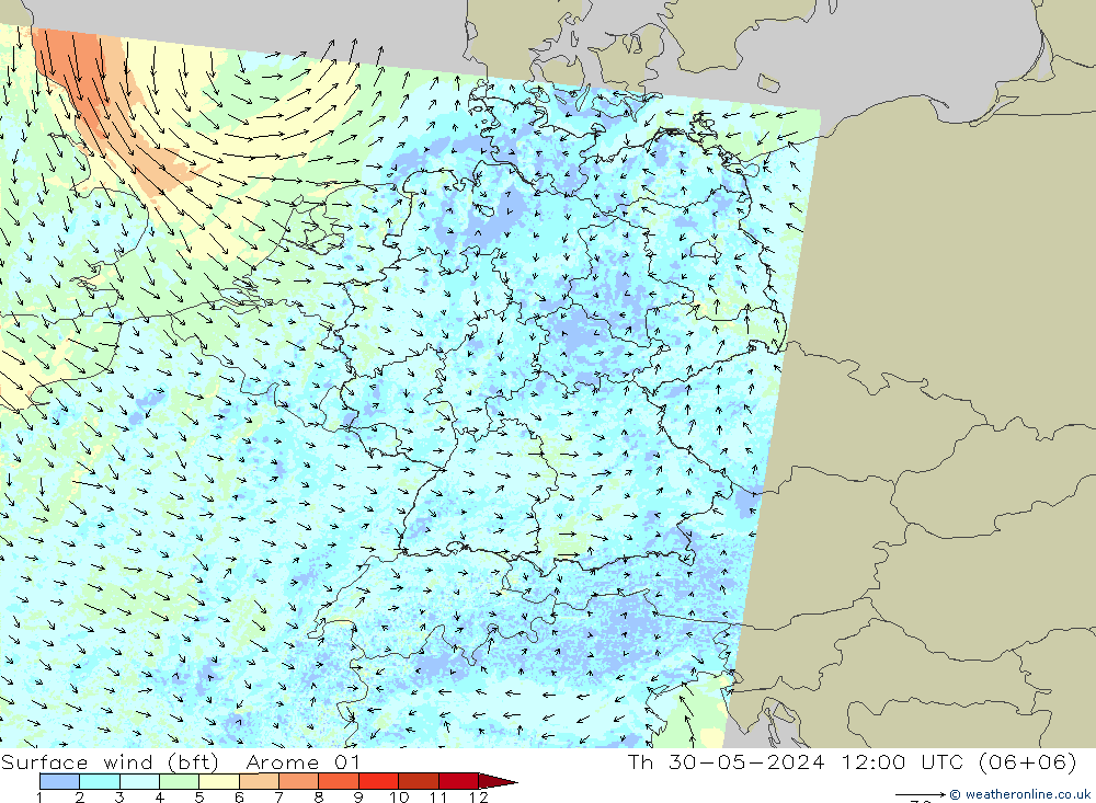 Surface wind (bft) Arome 01 Th 30.05.2024 12 UTC