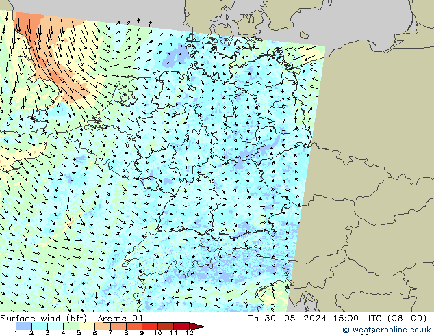 Surface wind (bft) Arome 01 Čt 30.05.2024 15 UTC